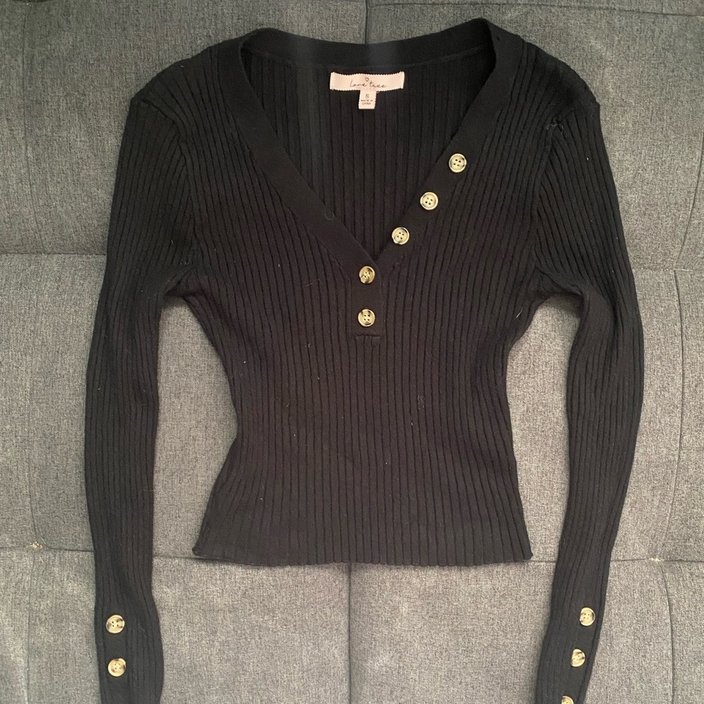 Love Tree Black Ribbed Button-Up Top
